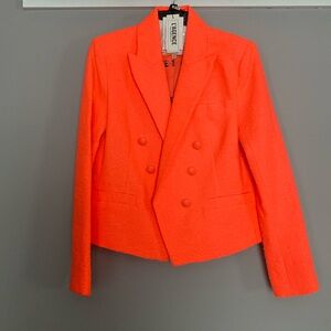 L’AGENCE Brooke Double Breasted Cropped Tweed Blazer in Neon Orange